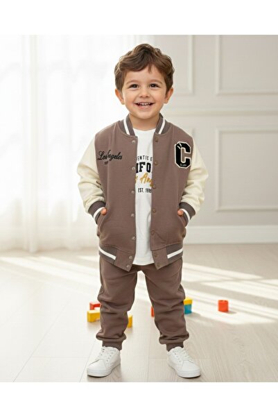 VOY KİDS Момчешки сезонни бродирани колежански яке, панталони и суитшърт 3-ко...