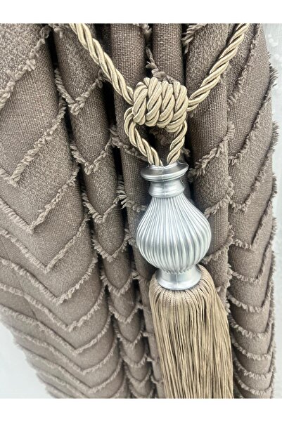 DekoStor Fon Perde Tavan Bağlama Püsküllü Braçol 1 Adet Gri (Duvar Delmeden Kolay Montaj)