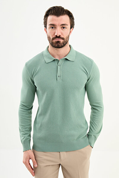 Mcr Pulover tricotat pentru bărbați din lână cu guler polo slim fit cu model ...