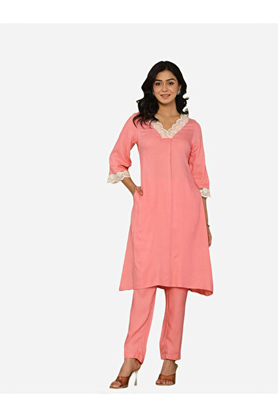 KASYA By Styli Pink Lace Trim Viscose Top and Pants Co-Ords