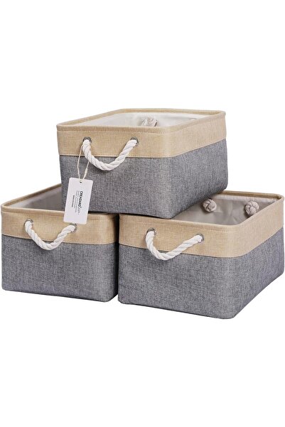 Arabest Foldable Linen Storage Box Collapsible Canvas Shelf Basket for Wardrobe or Bedroom, Grey and Beige