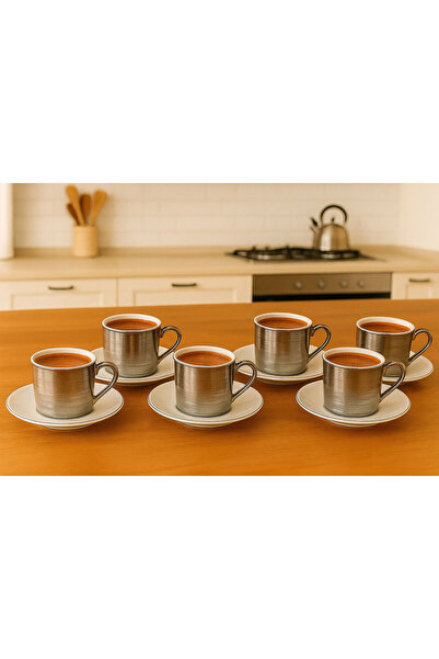 SİHİRLİ AYAKLAR 6-Person Gilded Striped Patterned Porcelain Turkish Coffee Cup Set Gift Cup Set 100 ml