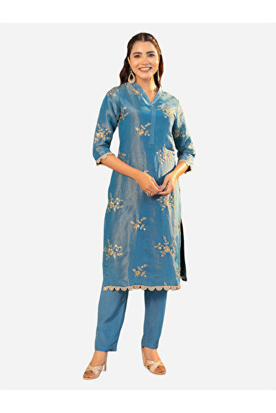 KASYA By Styli Blue Embroidered Tunic and Trousers Co-Ords