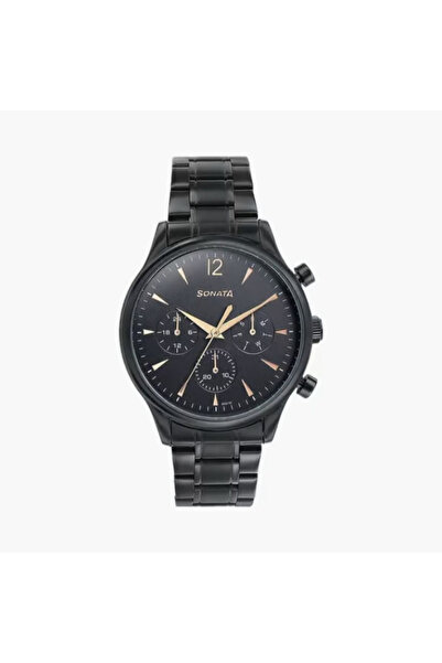 SONATA Men's 43 MM Black Multi-Function Stainless Steel Watch | 77146NM01