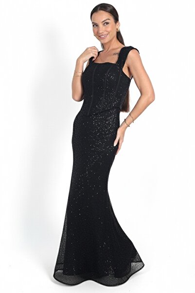 By Saygı Women's Strapless Bustier Low Sleeve Lined Waistline Fishnet Fish Dress