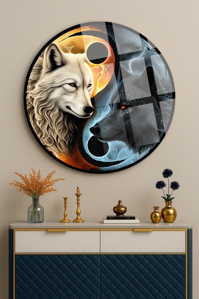 TAULART Yin Yang Wolf Themed Fire and Ice Pattern Unbreakable Luxury Glass Table