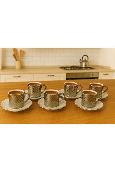 SİHİRLİ AYAKLAR 6-person gilded checkered porcelain turkish coffee cup set gift cup set 100 ml