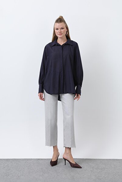Loreen Women's Flounced Oversized Cotton Poplin Shirt-20665Gml - Navy