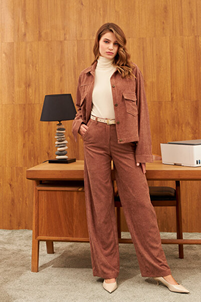 STELLA PULVIS Pantaloni maro material reiat din catifea cu talie înaltă