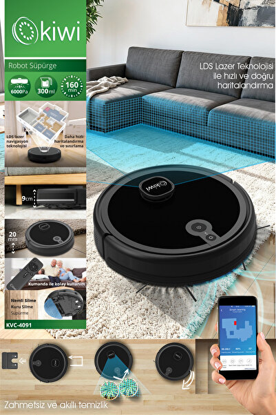Kiwi KVC-4091 Akıllı Robot Süpürge | 6000Pa Güçlü Emiş, Lazer Haritalama, Paspas , Uygulama Kontrollü