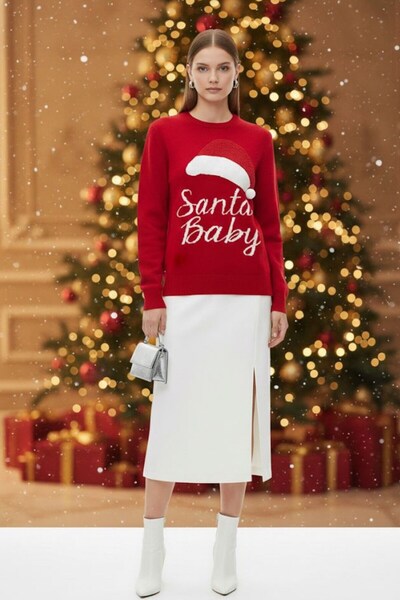 Kübra Tekstil Women's Red Crew Neck Soft Textured Christmas Combination Chris...