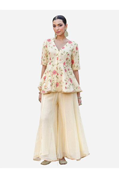 KASYA By Styli طقم مكون من بلوزة وبنطال من الأورجانزا بلون أبيض كريمي بنقشة زهور