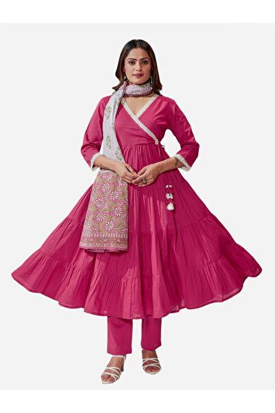 KASYA By Styli Pink Cotton Flared Kurta with Pants and Printed Dupatta Set