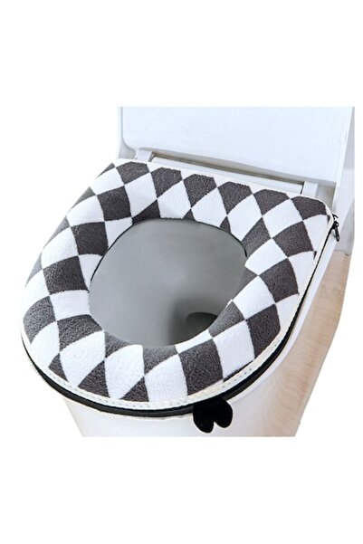 OEM Husă de toaletă cu fermoar, din material textil moale și pufos, în carouri alb-gri