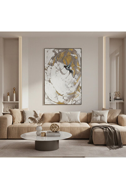 GLAMOURE HOME لوحة فنية - طائر طنان في خلفية مجردة يتوسط تكوين مجرد من ضربات ...