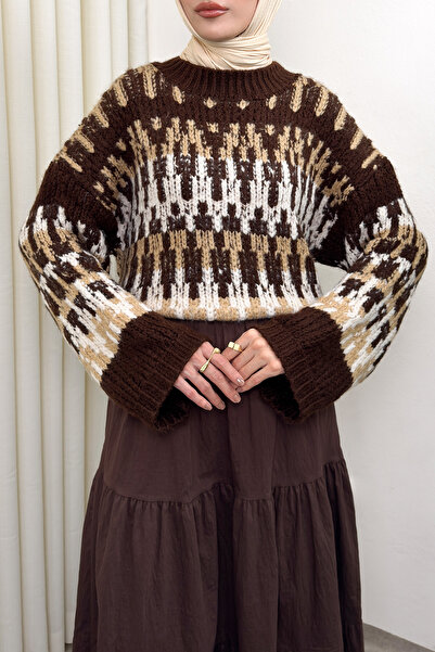 Salih Çelebi Ethnic Pattern Knitted Sweater 0688 - Brown