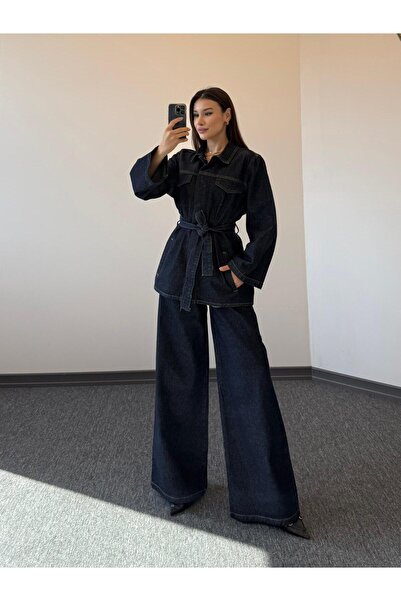 modabetce Tied Denim Suit Oversized Jacket and High Waist Pants