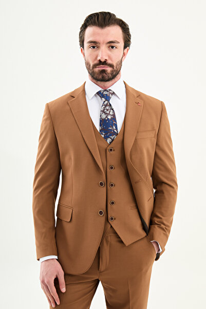Mcr Plain Slim Fit Mono Collar Men's Suit Camel - 45390.25Y