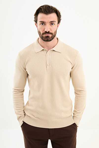 Mcr Knitted Patterned Slim Fit Polo Neck Wool Men's Knitwear Sweater Beige - 11571.25K