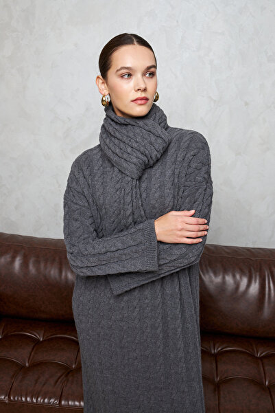 Ladima Scarf Detail Soft Knitted Tricot Dress Anthracite
