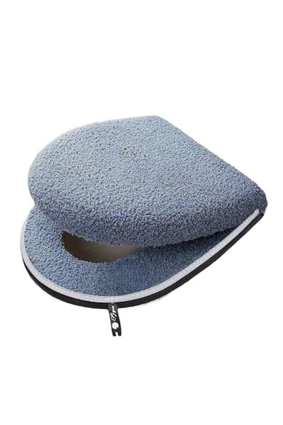 OEM Huse moi de pluș pentru capac și capac de toaletă, din 2 piese, închidere cu fermoar, buclă de agățare, gri-albăstrui