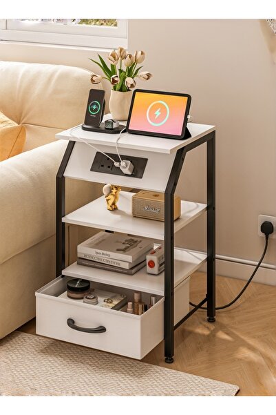 Bojasmiial طاولة جانبية قابلة للتعديل بثلاثة أرفف مع محطة شحن (منفذي USB ومنف...