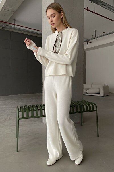 NEWCO طقم تريكو مكون من قطعتين بياقة بيسكيت وسروال واسع مع وشاح