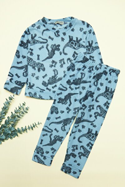 Fulla Moda Dinazor Desenli Polar Erkek Çocuk Pijama Takımı