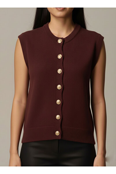 AURRARİ Gold Button Detailed Burgundy Vest Knitwear