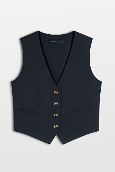 BARRELS AND OIL Women's Gold Buttoned Linen Vest - Navy Blue