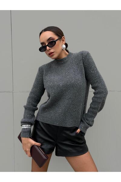 minaaise Kadın Antrasit Triko Pullu Simli Bisiklet Yaka Kazak 5591