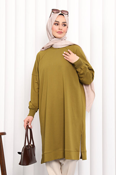 İmajButik Oil Green Side Slit Modal Tunic