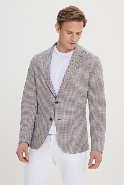 ALTINYILDIZ CLASSICS Coffee-Beige Slim Fit Slim Fit Mono Collar Patterned Blazer Jacket
