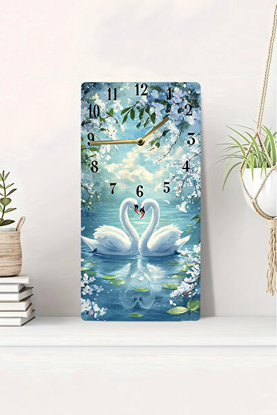 kutuTR 3D Looking 2D Uv Printing Mdf Painting Clock – Romantic Swan and Lake Landscape – 20X40 Cm-Dts154