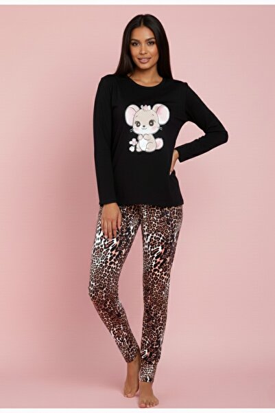 Miss Dünya Lissa Teddy Hug Black Leopard Long Sleeve Crew Neck Women's Pajama Set