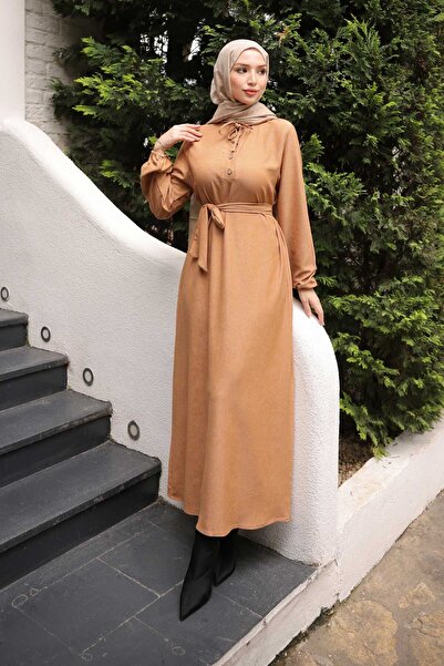 İmajButik Mink Belted Sleeves Elasticated Corded Fabric Dress