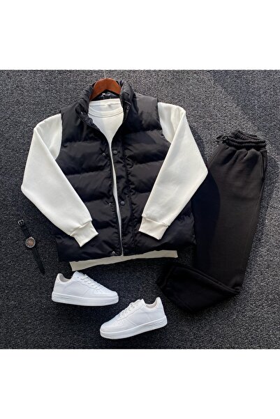 THANBUTİK سترة مبطنة قابلة للنفخ و3 خيوط صوفية O قصة فضفاضة طقم مكون من 3 قطع