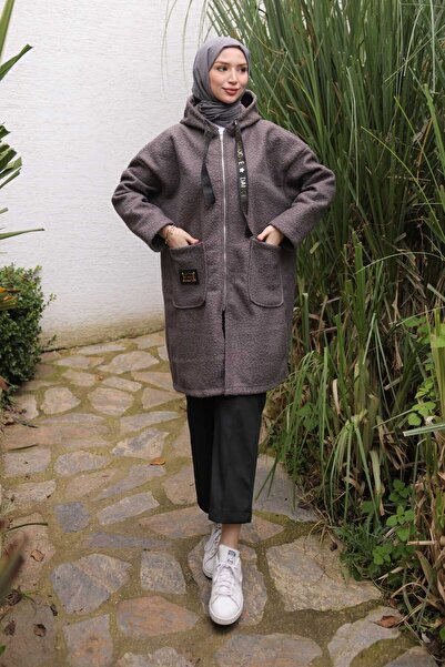 İmajButik Smoked Hooded Boucle Coat with Pocket Detail