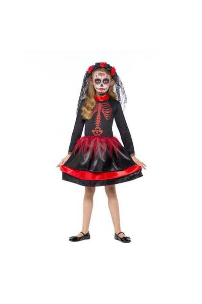 ROBİZ Day of the Dead Señorita Costume for Kids - S (3-4Y) - Black & Red