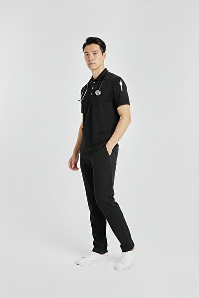 Nur Medikal Giyim Model Zulu, negru, cu guler polo, material elastic pentru b...