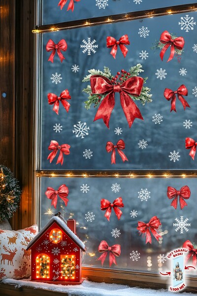 MSticker New Year Double-Sided Glass Sticker Set – 28 Pieces Red Ribbon & 42 Snowflakes – Christmas Window Decoration