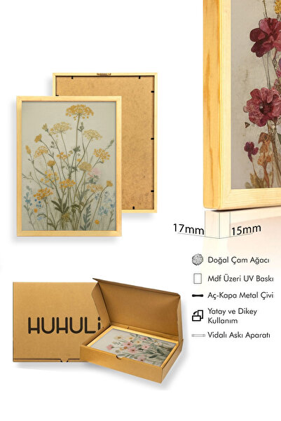 huhuli Ahşap Çerçeveli 3'lü Wabi Sabi Koleksiyon Tablo Seti - Salon Duvar Dekoru Huhu711
