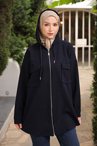 İmajButik Navy Blue Hooded Zippered Cashmere Jacket