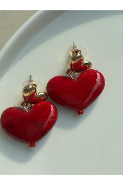 Gozibygoz Red Heart Gold Detail Dangle Earrings