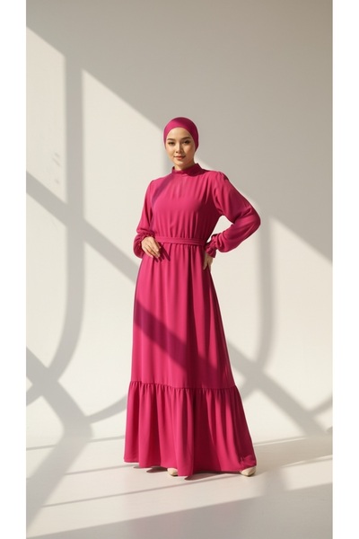 snmbutik Tesettür Beli Kuşaklı Viskon Uzun Elbise / Geometrik & Düz Desenli