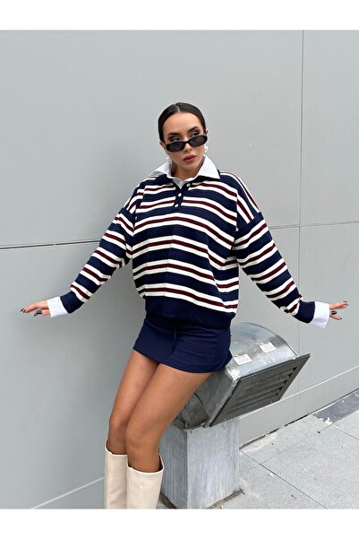 minaaise Γυναικείο πλεκτό πουλόβερ με γιακά πόλο με ρίγες 5259