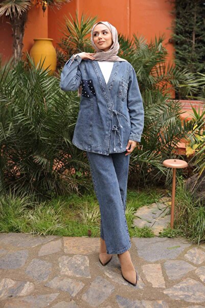 İmajButik طقم جينز مع سترة مطرزة بالحجر الأزرق وبنطلون