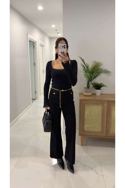 BİRCANÇİL Blugi cu picioare largi cu centură cu lanț negru Wertsa