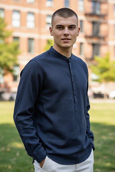 MODA Keten Yarım Patlı İnce Yakasız Rahat Gömlek