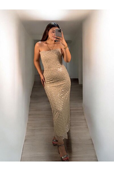 OLA Laves Full Payet Boncuklu Ekru Abiye Elbise